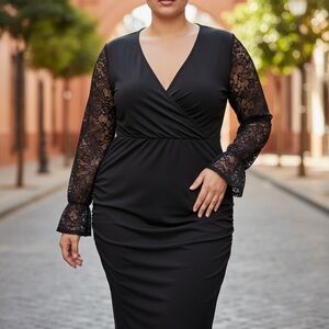 Elegant Black Lace-Sleeve Wrap Midi Dress